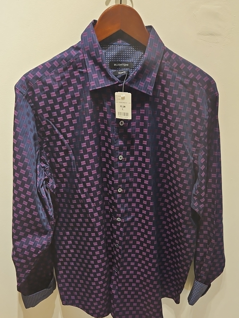 Bugatchi Plum and Navy Checked-Geometric Button-Down Shirt